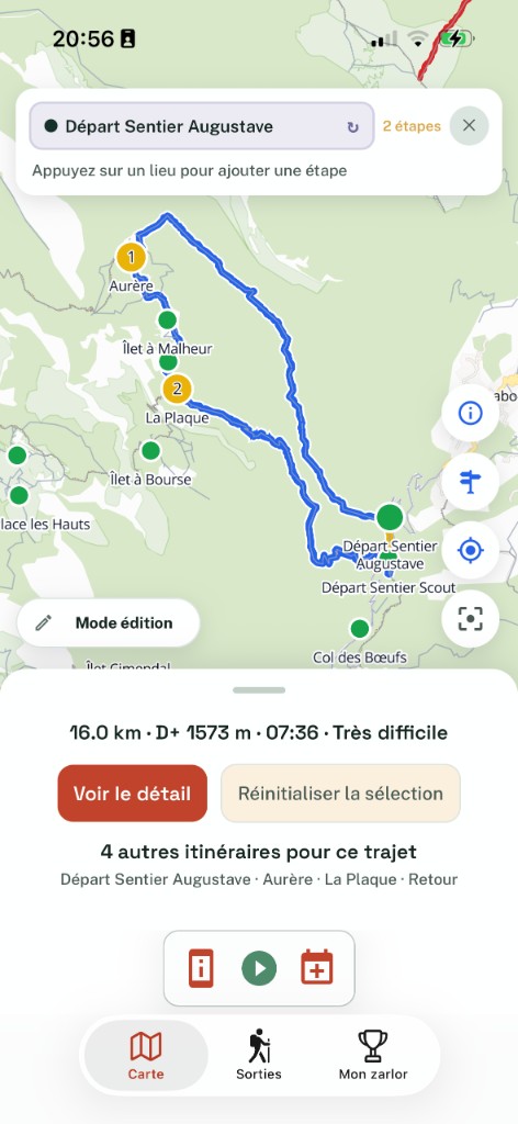 Composition d'un itinéraire sur la carte des sentiers de Mafate
