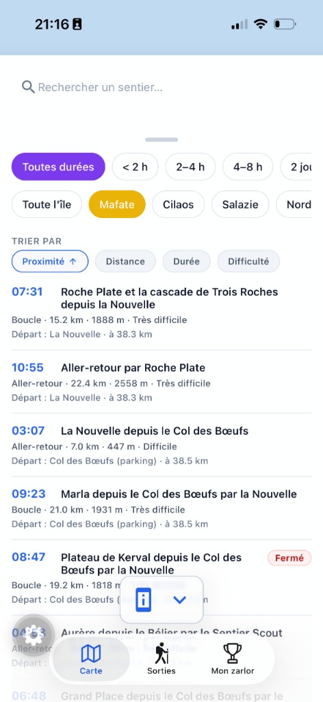 Recherche de sentiers dans l'application RandoMafate